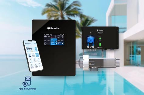 Pool-Salzwasserelektrolyse iControlPro Touch Salt mit intelligenter Poolsteuerung und optionaler pH-Regulierung, inkl. Stromverteiler