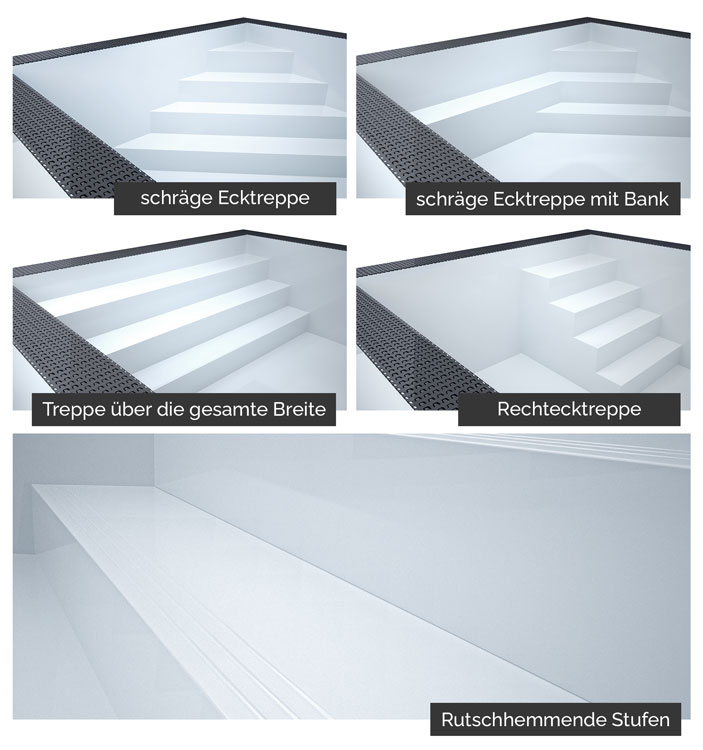 Sie haben die Wahl zwischen sechs verschiedenen Formen, inklusive rutschhemmender Stufen