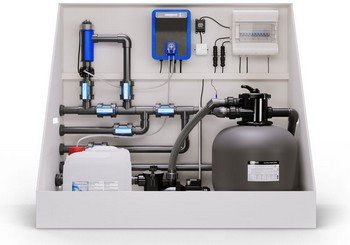 Pool Technikwand mit Sandfilteranlage Salzwasserelektrolyse UV Desinfektion